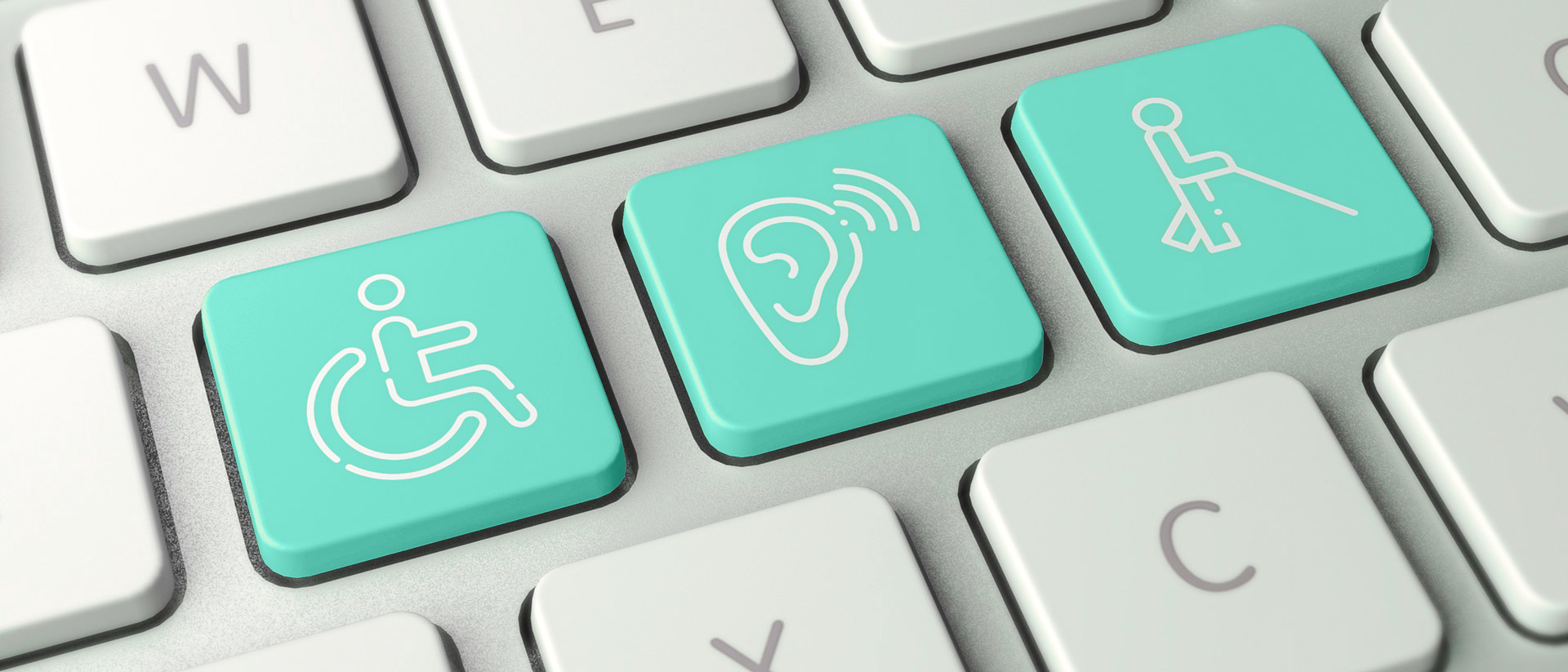 Moderne Tastatur mit hervorgehobenen türkisfarbenen Tasten, die weiße Symbole für Barrierefreiheit zeigen: Rollstuhl, Ohr mit Schallwellen und Person mit Stock.